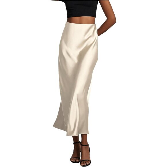 Women's Beige 100% Polyester Satin Waisted A Line Long Elegant Office Maxi Skirt